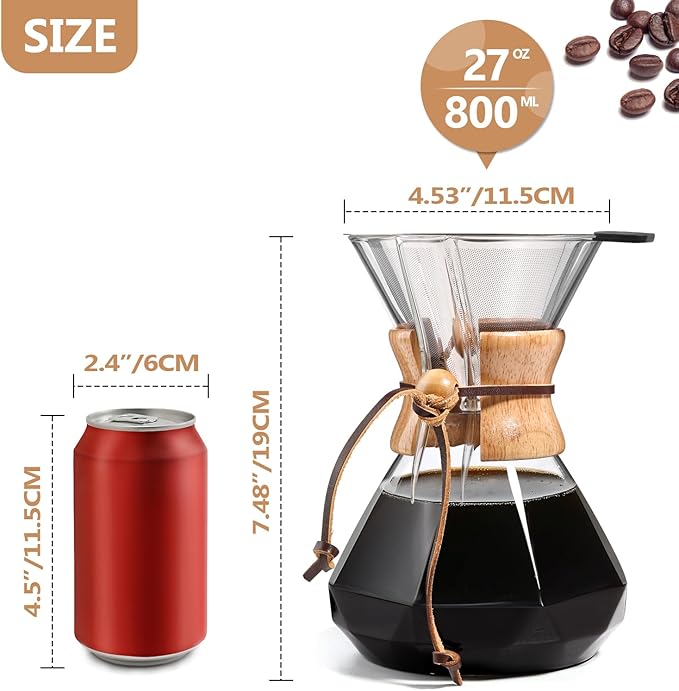 Pour Over Coffee Maker 27 OZ, 8 Cup Borosilicate Glass Drip Coffee Maker with Reusable Stainless Steel Filter and Cork Grip for Home Café 800 ML (Diamond Shape)