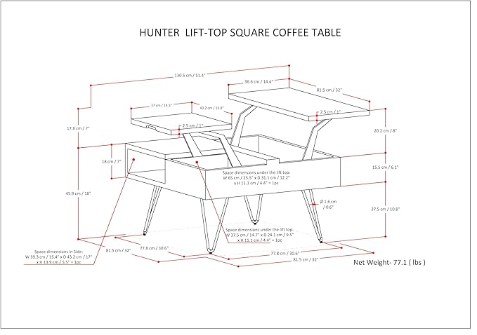 SIMPLIHOME Hunter Lift Top Coffee Table - 32 inch Wide Solid Mango Wood and Metal Industrial Square Cocktail Table in Natural, Living Room Table with Dual Lift Tops, Hidden Storage and Hairpin Legs