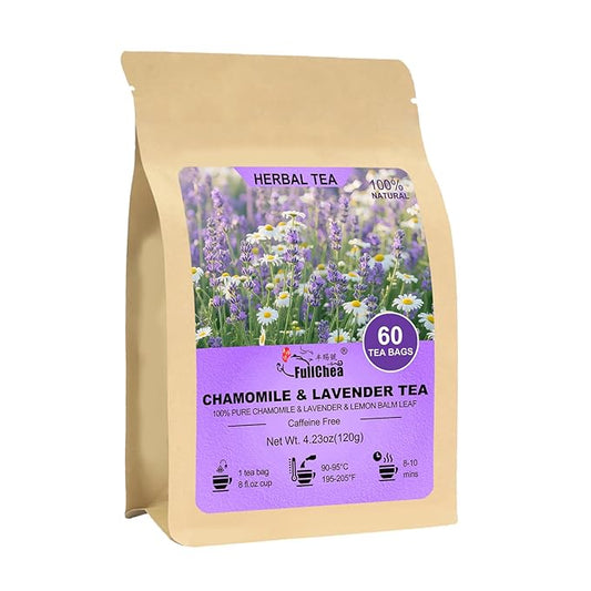 FullChea - Chamomile Lavender Tea Bags for Relaxation & Better Sleep - 60 Count - Caffeine-Free Blend Herbal Tea - Premium Chamomile & Lavender Flowers