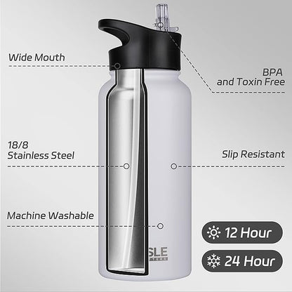HASLE OUTFITTERS 32 oz Insulated Water Bottle Stainless Steel Double Walled Vacuum Sports Water Bottle with 2 Lids (Straw and Spout Lid) for Gym Camping Hiking(White,4)