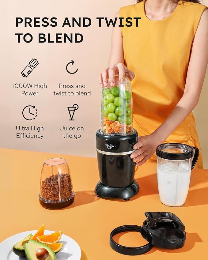 Sangcon 1000W Smoothie Blender for Kitchen, Blenders for Smoothies with (3) Cups (2) Spout Covers (1) Storage Cap (1) To-Go Cap, Portable Blender for Shakes, Ice Crushing, Frozen Drinks, Spices