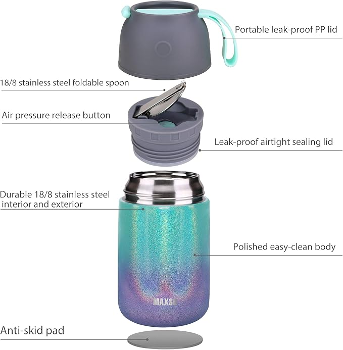 MAXSO 2 Pack Soup Thermo for Hot & Cold Food for Kids Adults, Vacuum Insulated Food Jar Thermal Lunch Containers, Travel Food Flask with Spoon (24 oz,17 oz) (Glitter Rainbow)