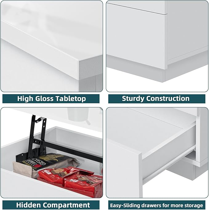 HOMMPA 40'' Lift Top Coffee Table, White With Storage for Living Room, LED Modern Design, 2 Drawers & Hidden Compartment