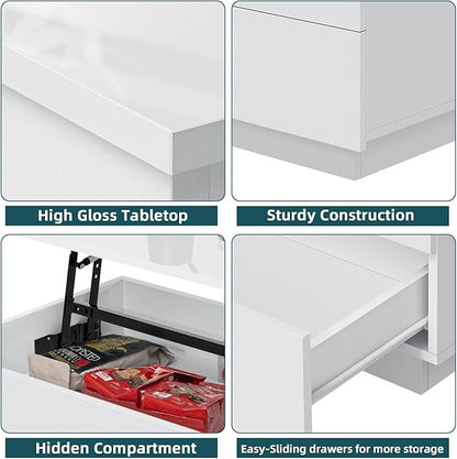 HOMMPA 40'' Lift Top Coffee Table, White With Storage for Living Room, LED Modern Design, 2 Drawers & Hidden Compartment