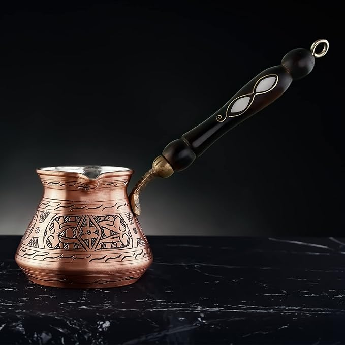 BCS 18 Oz X-Large Copper Turkish Greek Arabic Coffee Pot with Wooden Handle (6 servings) Cezve Ibrik Briki Stovetop Coffee Maker (Includes Wooden Spoon)