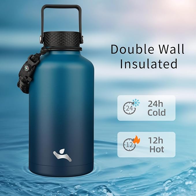 Half Gallon Insulated Water Bottle with Straw,64 oz 3 Lids Water Jug with Carrying Bag,Paracord Handle,Double Wall Vacuum Stainless Steel Metal Flask,Indigo Black