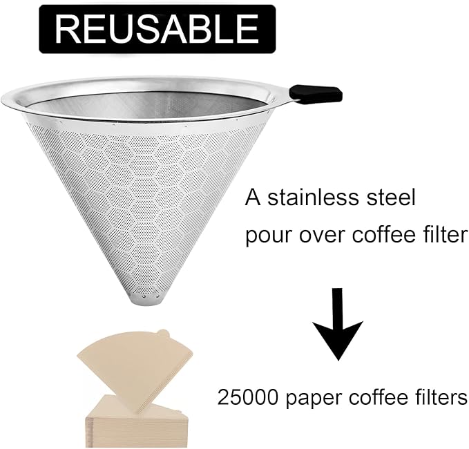 Pour Over Coffee Filter Compatible with Chemex 6/8/10 Cups & Hario V60 02 03, Reusable Stainless Steel Metal Cone Slow Drip Coffee Filter, Coffees Pour Over Dripper Filters