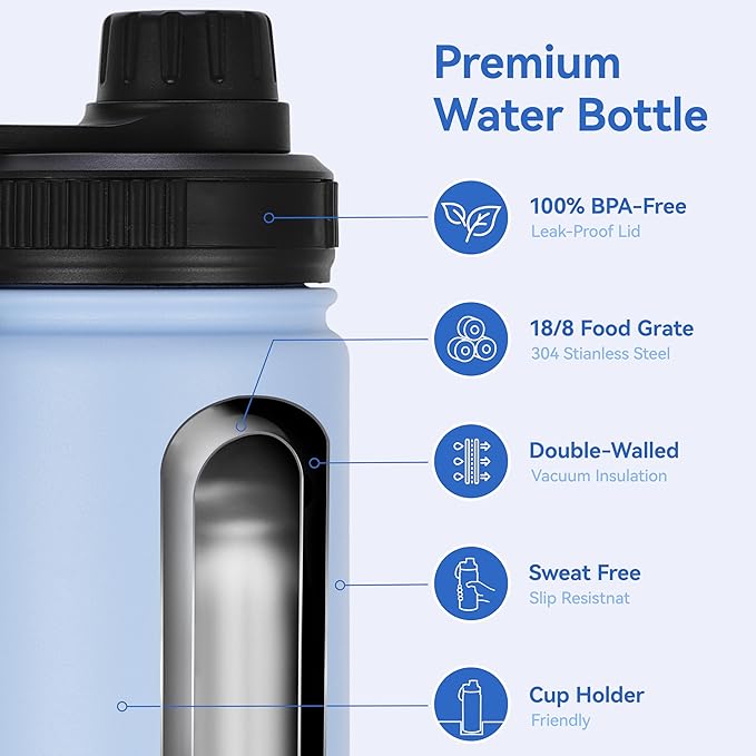 DOMICARE 16 oz Kids Water Bottle for School Stainless Steel Double Wall Vacuum Insulated Water Bottle with Straw lids & Spout Lid, Leakproof BPA Free (Light Blue,1)