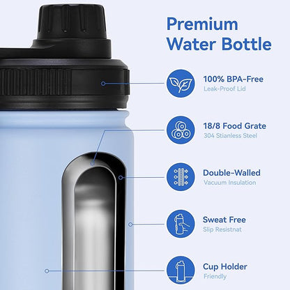 DOMICARE 16 oz Kids Water Bottle for School Stainless Steel Double Wall Vacuum Insulated Water Bottle with Straw lids & Spout Lid, Leakproof BPA Free (Light Blue,8)