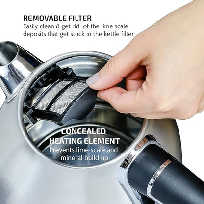 OVENTE 1.7L Electric Kettle, 1500W Fast Boiling Water Heater for Coffee or Tea with Stainless Steel BPA-Free and Cordless Body, Auto Shut-Off, Boil-Dry Protection and Removable Filter, Silver KS777S