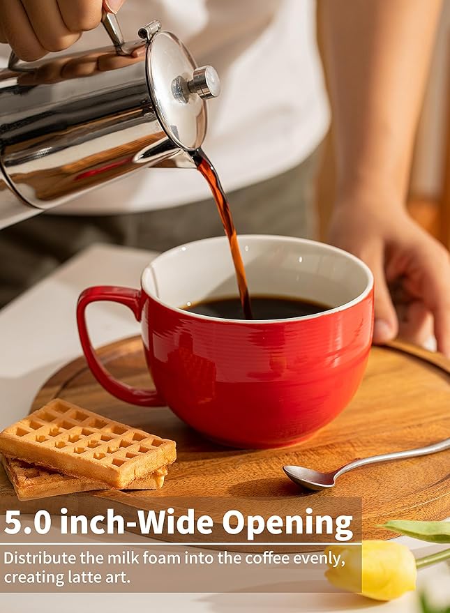 Teocera Red Mugs Set of 4, 24oz Jumbo Mugs, Large Coffee Mugs for Coffee, Hot Cocoa, Tea - Striped Design - Microwave Safe, Christmas Gift