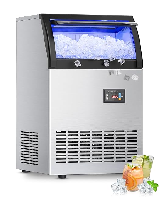 Commercial Gourmet Ice Maker, 120Lbs/24H Spray Ice Machine with 55Lbs Storage, Self-Cleaning & Adjustable Ice Thickness, Stainless Steel Freestanding Under Counter for Crystal Clear Nugget Ice Making