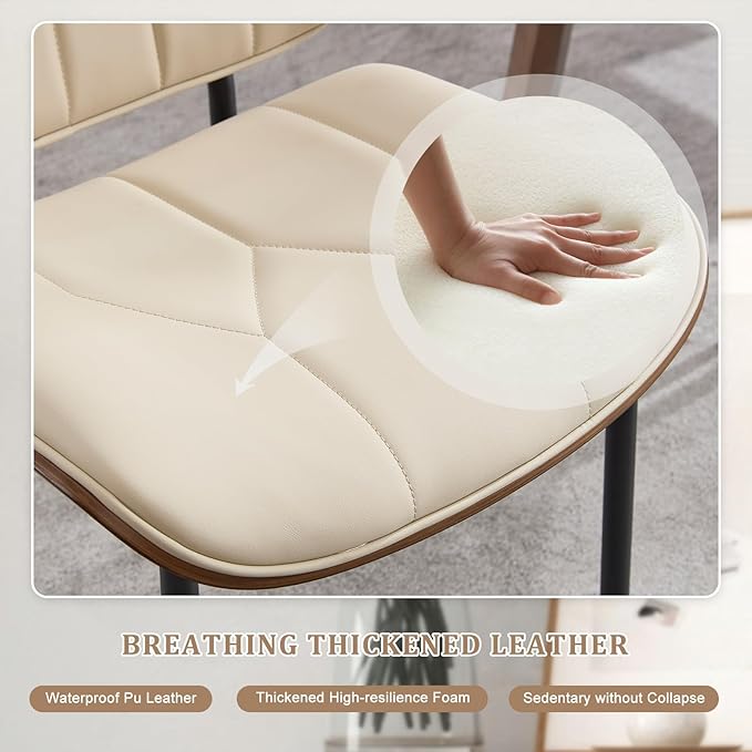 BV Mid Century Modern Dining Chairs Set of 6, Upholstered Pu Leather Armless Accent Chair with Walnut Bentwood Back, Retro Kitchen Chair for Dining Room, Living Room, Kitchen, Beige
