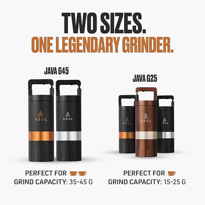 Java G25 Manual Coffee Grinder | Coffee for Camping | Bean Grinder | Travel Pour Over | Stainless Steel Conical Burr | ~ 25 Gram Capacity | Extendable Grind Handle | 50 Grind Settings | Carbon