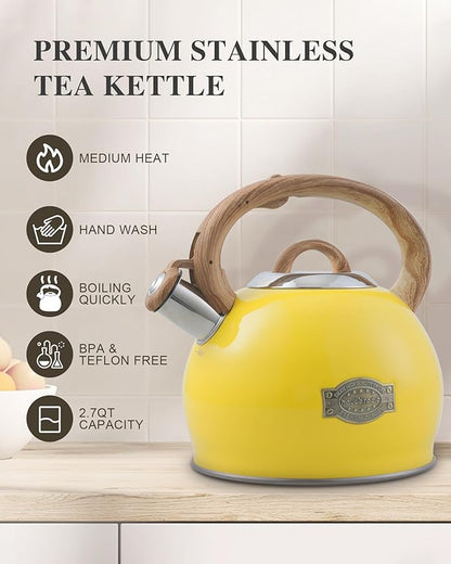 Tea Kettle for Stovetop, 2.7 Quart Loud Whistle Stovetop Teapots,Food Grade Stainless Steel Tea kettles for Stove Top with Anti-hot Ergonomic Handle,Suitable for All Heat Sources,Yellow