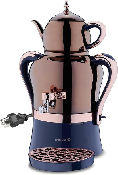 Korkmaz Hanedan A843-05 Stainless Steel Samovar, Upper Pot 1.3 L (43.9 Oz), Bottom Pot 3.5 L (118.3 Oz) Electric Turkish Tea Maker Set, Double Pots Tea Machine, Rosegold, 110 V US Plug, 5.1- Quart