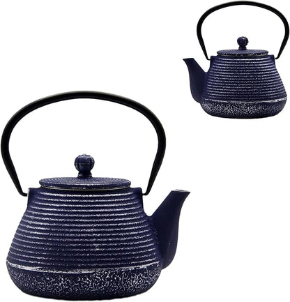 Cast Iron Teapot, 20.3oz Small, Enameled Interior, Stainless Steel Infuser for Loose Tea (Blue Pinstripe Pattern)