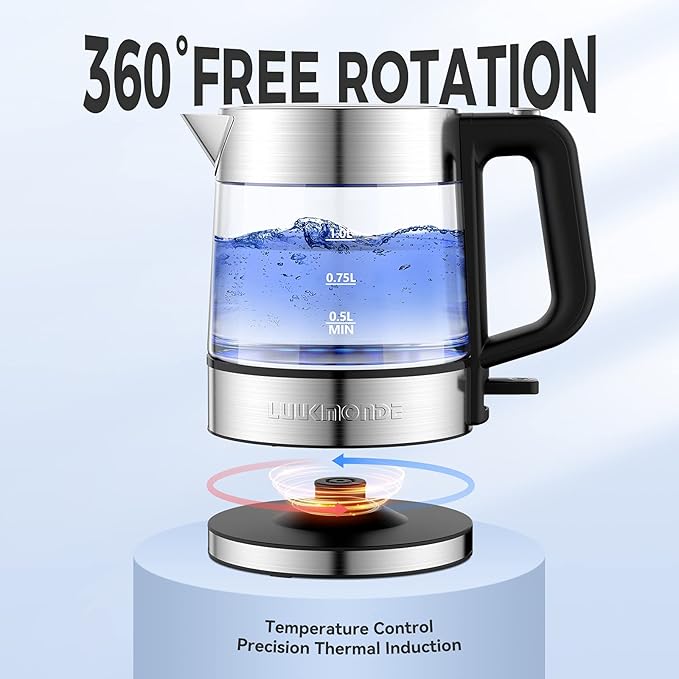 LUUKMONDE Electric Kettle, 1L 1500W, Small Glass Tea Kettle, Hot Water Boiler with LED Indicator, Cordless Water Heater Kettle, BPA-Free, Fast Boiling, Auto Shut-Off, Boil-Dry Protection