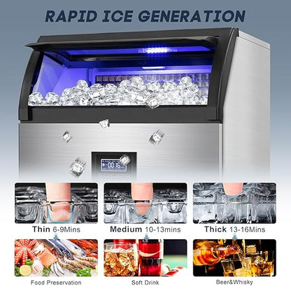350 Lbs/24H Commercial Ice Maker – 80 Lbs Storage Bin, 126 Ice Cubes Per Cycle – Stainless Steel Undercounter/Freestanding Design, Perfect for Home, Bar, and Outdoor Use, Self-Cleaning Function