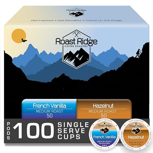 Roast Ridge Single Serve Coffee Pods for Keurig K-Cup Brewers, Variety Pack, Medium Roast, 100 Count (50 each: French Vanilla, Hazelnut)