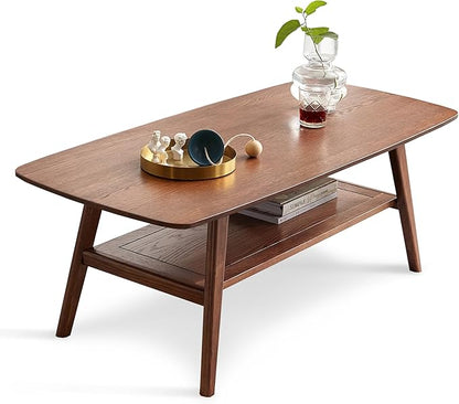 Modern Solid Wood Coffee Table, 2-Tier Small Wooden Coffee Table with Storage Shelf for Living Room, Apartment, Office, Walnut (40''D x 20''W x 18''H)