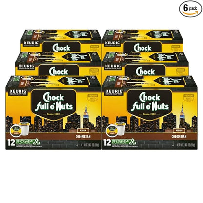 Chock Full o'Nuts Colombian Coffee, Compatible with K-Cup Pods, 12 CT (Pack of 6)