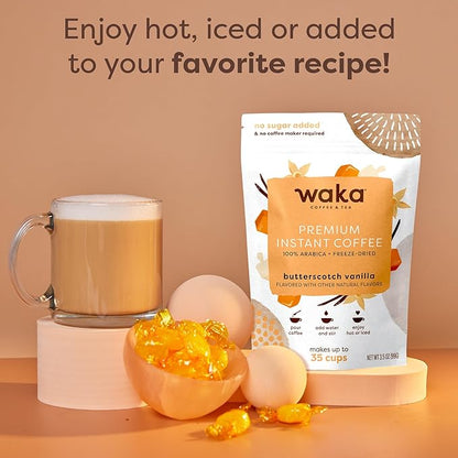 Waka Premium Instant Coffee — Butterscotch Vanilla Flavored — 100% Arabica Freeze Dried Beans — For Hot or Iced Coffee (3.5 Ounces Pouch)