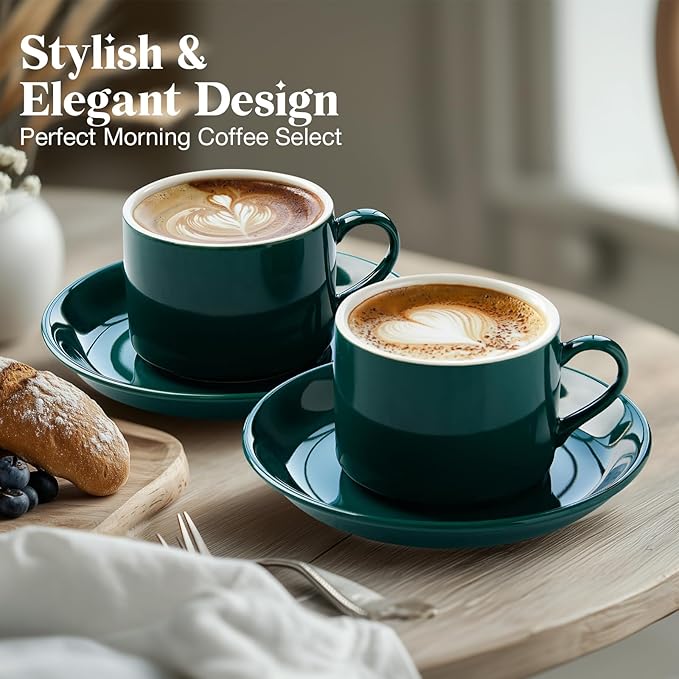 5 Ounce Green Porcelain Stackable Espresso Cups with Stainless Steel Holder, Set of 4, Durable Ceramic, Perfect for Home, Office or Gift