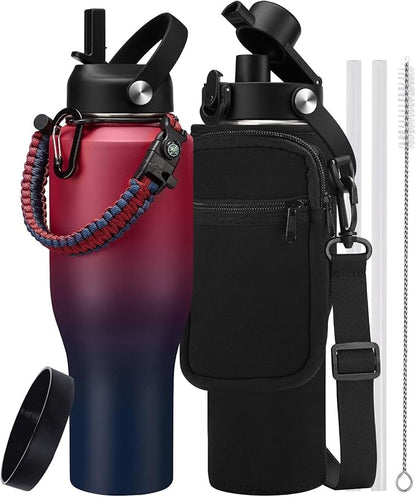 Insulated Water Bottle 40 oz - Fits in any Car Cup Holder, Keep Cold 48H Hot 24H, Stainless Steel Waterbottle Double Wall Flask with Straw, Pop-up Spout Lid, Paracord Handle, Carrier Bag