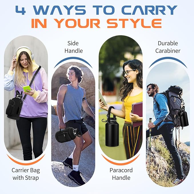1 Gallon Insulated Water Jug w/ Straw - Double Wall Vacuum Insulated Black Water Bottles 128 oz, Gallon Water Bottle w/Paracord Handle, Protective Boot, Water Bottle w/ Strap Gym Work Travel