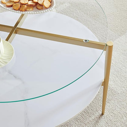 Shrine Modern Coffee Table with Glass Top, Round Table for Living Room, Two-Tier 30-Inch White Wooden Storage Coffee Table, Gold Table Legs Structure & Clear Glass Top