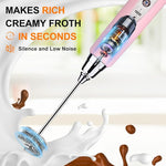 Load image into Gallery viewer, YUSWKO Pink Milk Frother Handheld with 3 Heads, Coffee Whisk Drink Foam Mixer with USB Rechargeable 3 Speeds, Electric Hand Frother for Latte, Cappuccino, Hot Chocolate, Egg