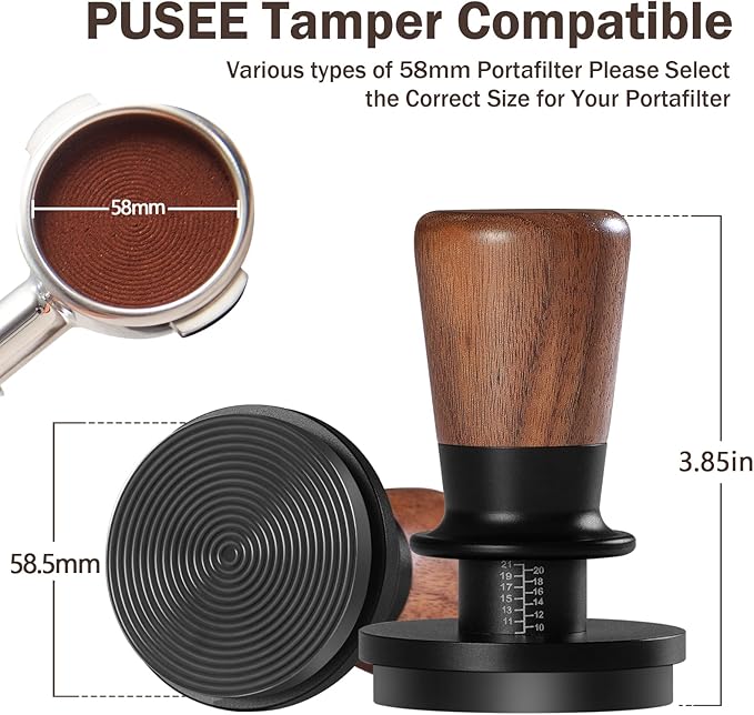 PUSEE 58mm Espresso Tamper,Calibrated Tamper with 30lbs Double Spring Loaded Tamper Walnut Wood Coffee Tamper for Barista Home,Titanium PVD Coating Base Tamper Espresso Tool Fits 58mm Portafilters