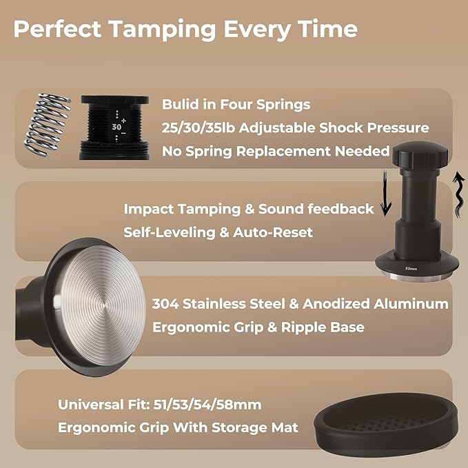 Coffee Tamper 53mm, Spring Loaded Espresso Tamper with 25lb/30lb/35lb Calibrated Springs, Sound Feedback & Ripple Base for Even Extraction, Espresso Accessories