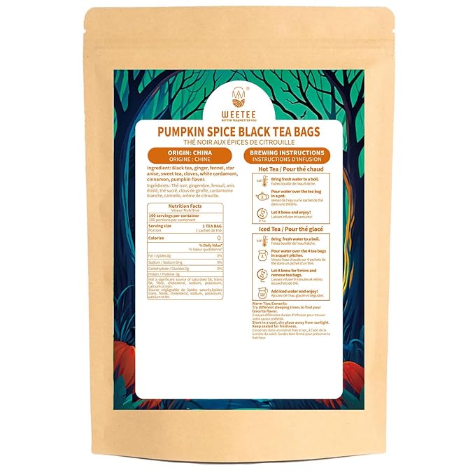 WT WEETEE Pumpkin Spice Black Tea, 100 Count Caffeinated Pumpkin Chai Tea Bags, Warm & Cozy Autumn Blend, Holiday and Fall | Halloween Tea