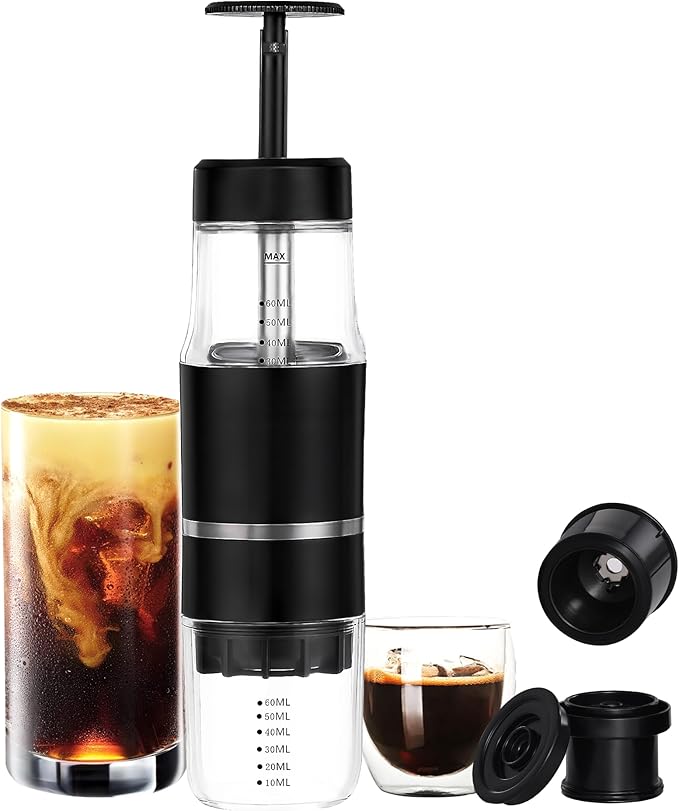 French Press Coffee Maker for Ground Coffee & Capsules Portable Cold Brew Coffee Espresso Machine, Small Hand Coffee Maker for Camping