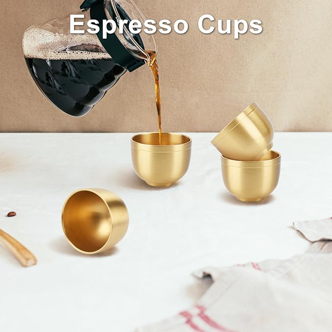 4 Pack Gold Shot Cups Solid Brass Shot Glasses 2-7/8oz Cool Shot Glasses Set Man Cave Decor Vodka Tequila Whiskey Gifts for Men