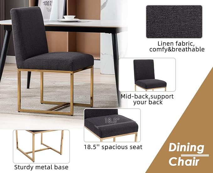 CIMOTA Black Modern Dining Chairs Set of 4, Upholstered Linen Dining Room Chairs Armless Side Chair with Gold Base for Kitchen, Charcoal Black, 4PCS