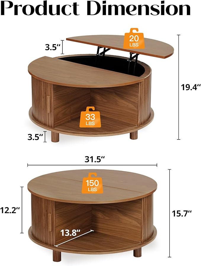Round Lift Top Coffee Table with Storage, Mid Century Modern Center Table with 180° Sliding Tambour Door, Small Circle Wood Fluted Dining Table for Living Room, Walnut