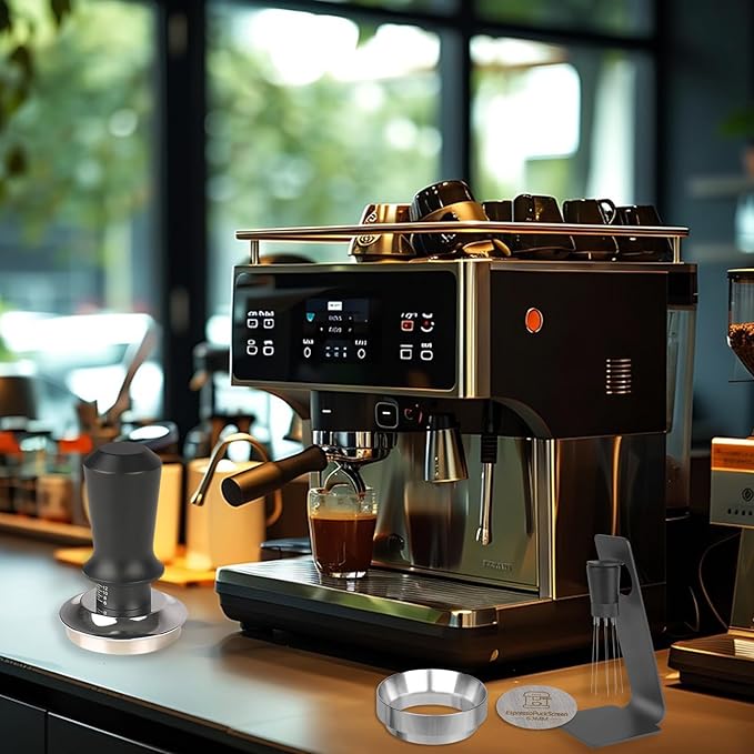 53mm Espresso Tamper Set - Dual-Spring Calibrated Coffee Tamper, 8-Needle WDT Tool Espresso Distribution Tool, Magnetic Aluminum Dosing Funnel, Reusable Puck Screen, Fit for 53mm Portafilters