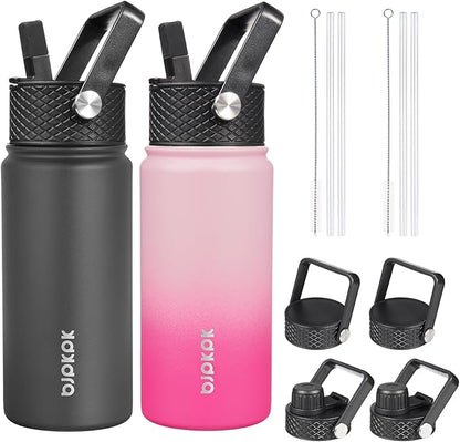 BJPKPK 2 Pack Insulated Water Bottles with Straw Lids, 18oz Stainless Steel Metal Water Bottle with 6 Lids, Leak Proof BPA Free Jugs, Cups, Flasks for Travel, Sports (Cherry+Black)
