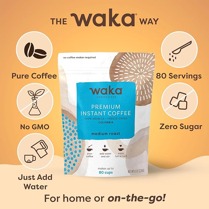 Waka Premium Instant Coffee Pouch — 100% Colombian Arabica Freeze Dried Beans — For Hot or Iced Coffee (8 Ounces, Medium Roast)