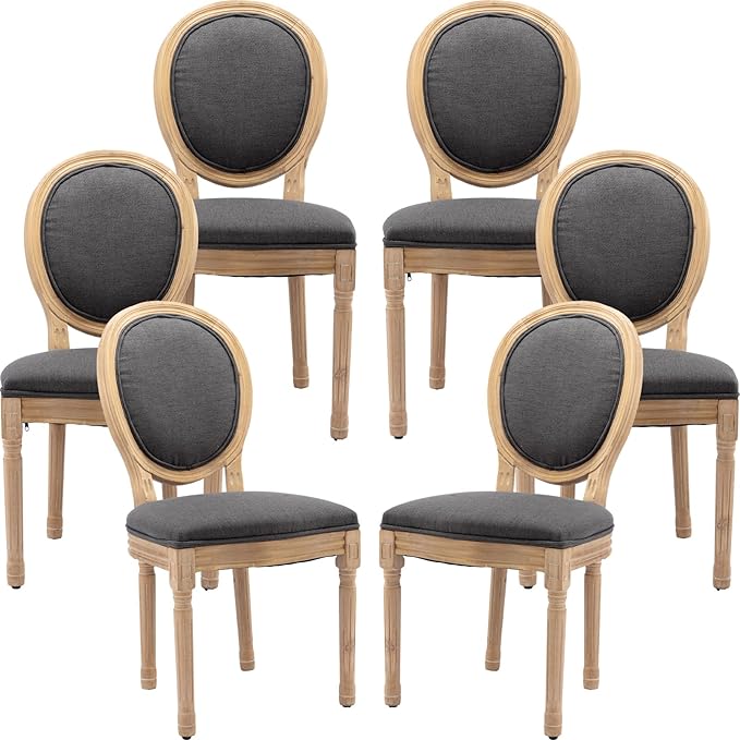 French Country Dining Chairs Set of 6, Grey Round Back Dining Chairs with Linen Upholstered Seat, Solid Wood Legs, Farmhouse Kitchen & Dining Room Chairs, Sillas De Comedor (Gray, 6Pcs)