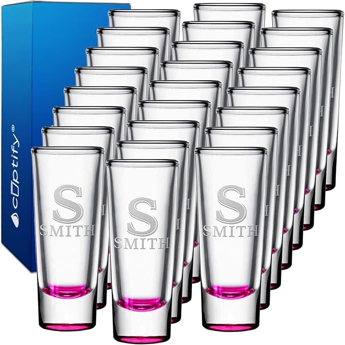 Personalized Shot Glasses Set of 25 Pink Bottom Custom 2 oz Cordial Shot Glass Initial and Name for Gifts, Weddings, Birthdays, Party, Event, Decorations