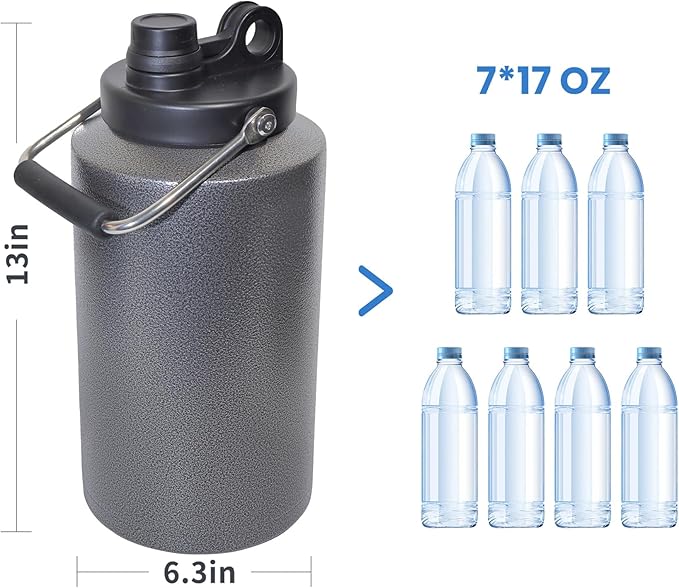 1 Gallon Water Jug Bottle Insulated with Straw, 128oz Stainless Steel Water Bottle Jug Wide Mouth Double Vacuum Dishwasher Safe BPA Free for Hot & Cold Drinks Charcoal Gray