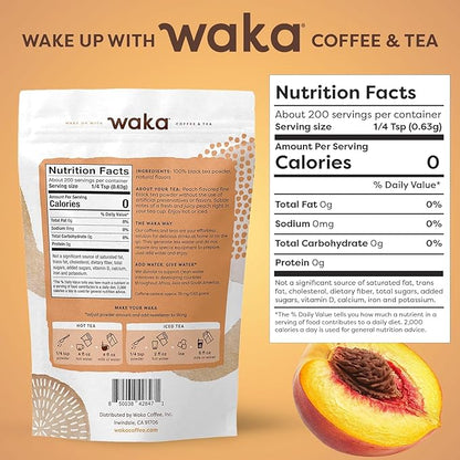 Waka Instant Black Tea Mix, Peach Flavored - 100% Tea Leaves, No Additives, Unsweetened Tea Powder for 50 Quarts or 200 Cups – Easy and Quick Hot or Iced Teas (4.5oz)