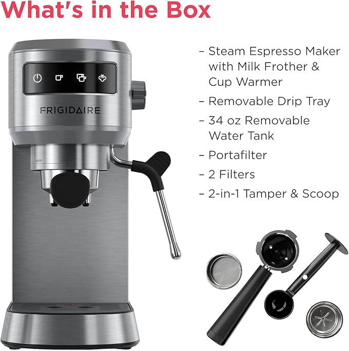 Frigidaire Steam Espresso Maker, Coffee Machine with Milk Frother & Cup Warmer, 20 Bar Pressure, 34 oz Removable Water Tank, Single or Double Shot, Stainless Steel