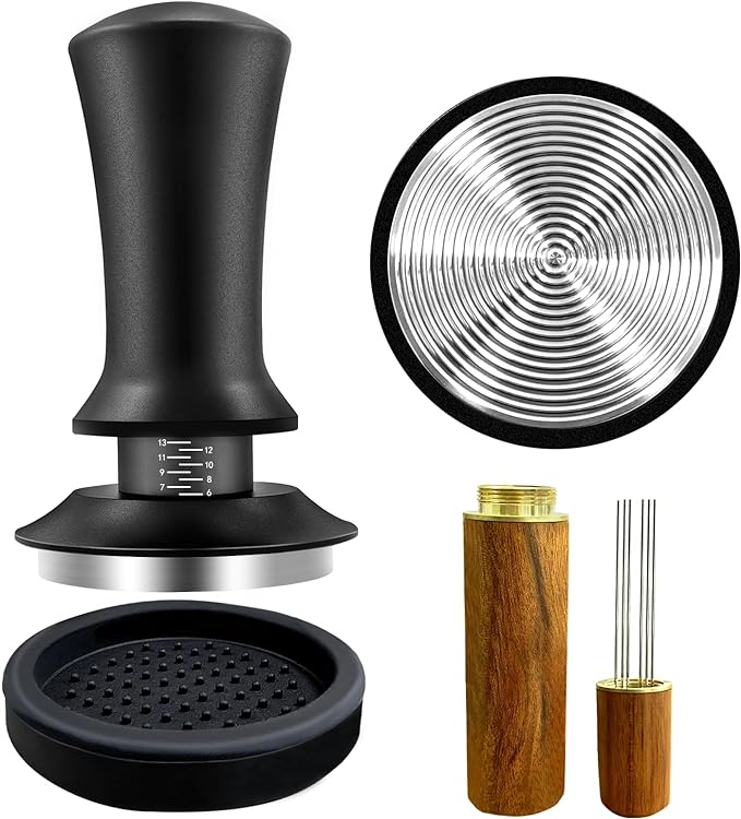Coffee Espresso Tamper 51mm with WDT Tool Calibrated Spring Loaded, Coffee Press with Silicone Mat, 100% Flat Stainless Steel Base Tamper for Espresso Coffee Machine (51mm, Black)
