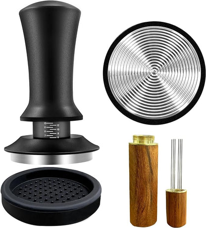 Coffee Espresso Tamper 51mm with WDT Tool Calibrated Spring Loaded, Coffee Press with Silicone Mat, 100% Flat Stainless Steel Base Tamper for Espresso Coffee Machine (51mm, Black)