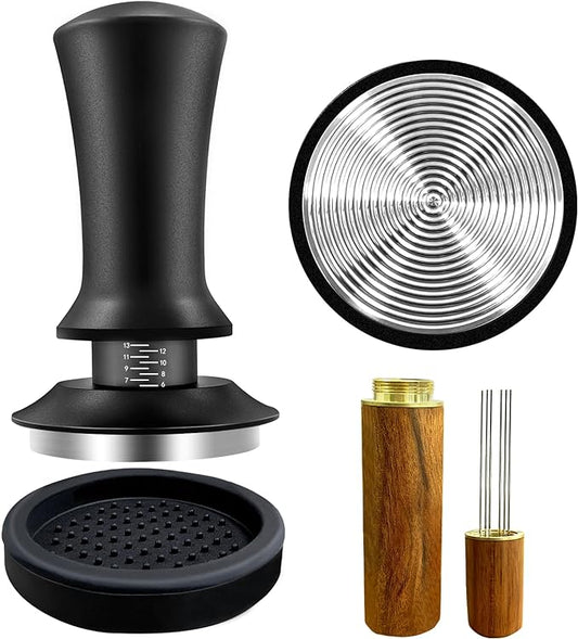 Coffee Espresso Tamper 51mm with WDT Tool Calibrated Spring Loaded, Coffee Press with Silicone Mat, 100% Flat Stainless Steel Base Tamper for Espresso Coffee Machine (51mm, Black)